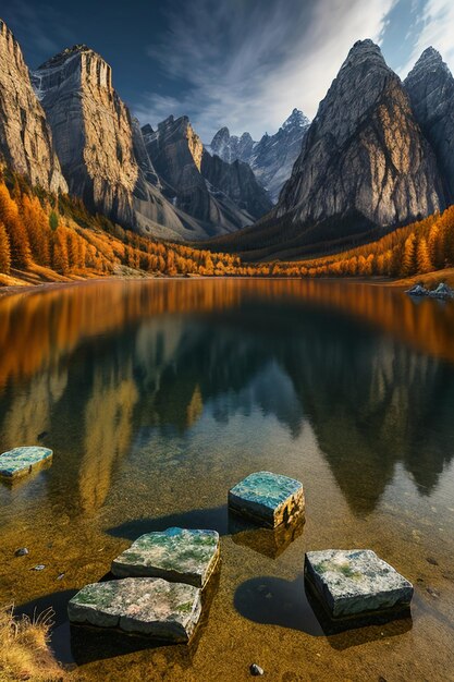 Bela paisagem fotografia papel de parede fundo picos lago canyon céu nuvens brancas