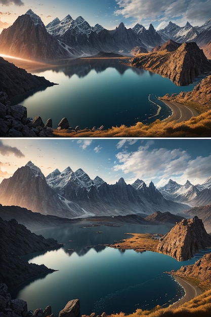 Bela paisagem fotografia papel de parede fundo picos lago canyon céu nuvens brancas