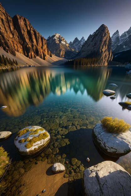 Foto bela paisagem fotografia papel de parede fundo picos lago canyon céu nuvens brancas