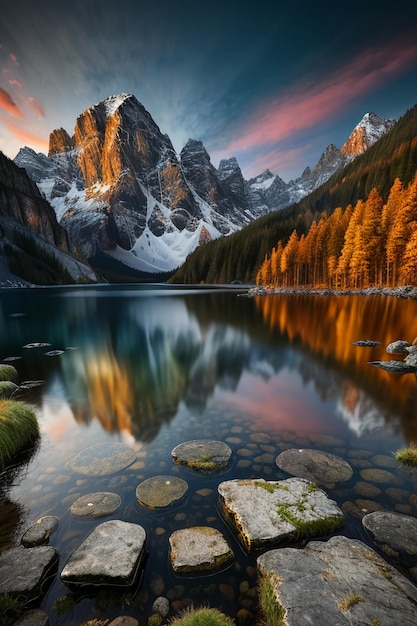 Bela paisagem fotografia papel de parede fundo picos lago canyon céu nuvens brancas