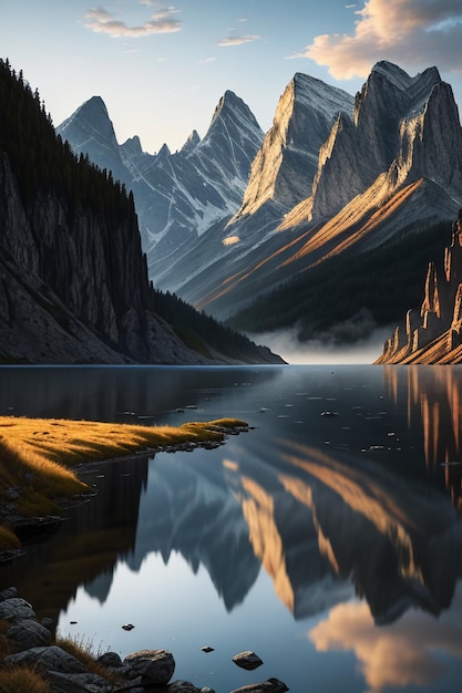 Foto bela paisagem fotografia papel de parede fundo picos lago canyon céu nuvens brancas