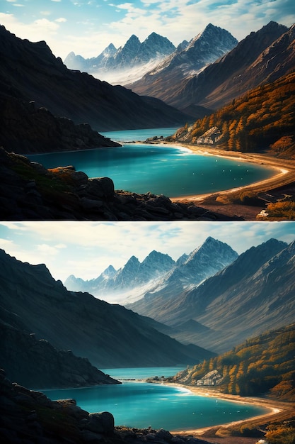 Bela paisagem fotografia papel de parede fundo picos lago canyon céu nuvens brancas