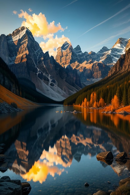 Bela paisagem fotografia papel de parede fundo picos lago canyon céu nuvens brancas