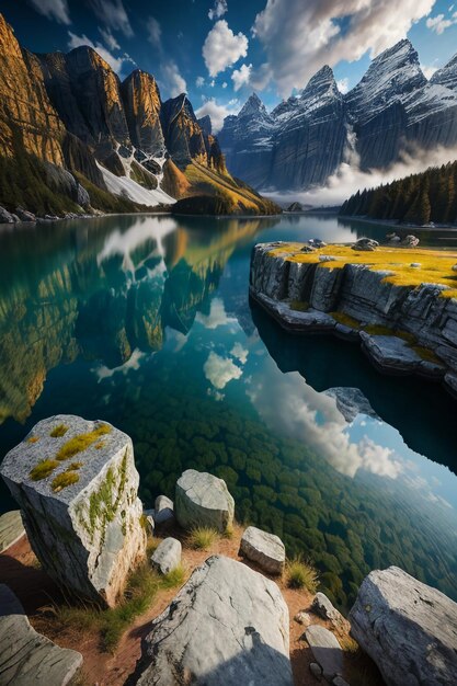 Bela paisagem fotografia papel de parede fundo picos lago canyon céu nuvens brancas