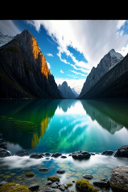 Foto bela paisagem fotografia papel de parede fundo picos lago canyon céu nuvens brancas