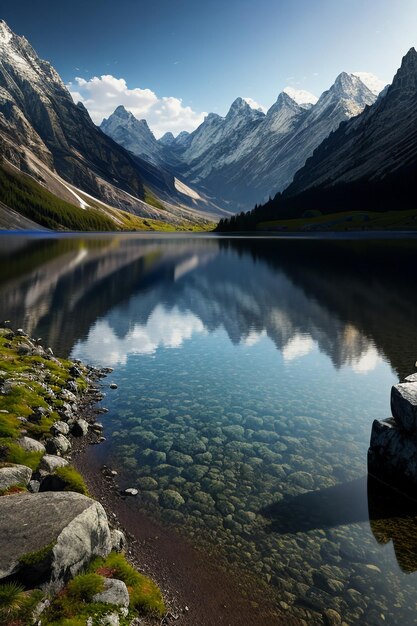 Bela paisagem fotografia papel de parede fundo picos lago canyon céu nuvens brancas