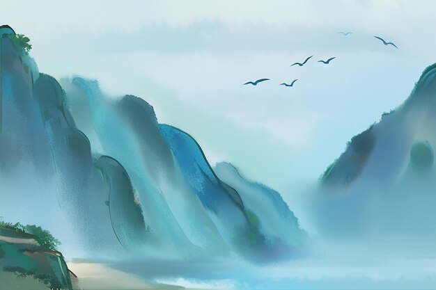 Foto bela paisagem fundo ilustração sol montanha pássaro rio lago barco aquarela papel de parede
