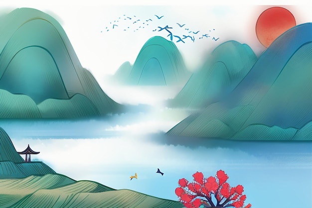 Bela paisagem fundo ilustração sol montanha pássaro rio lago barco aquarela papel de parede