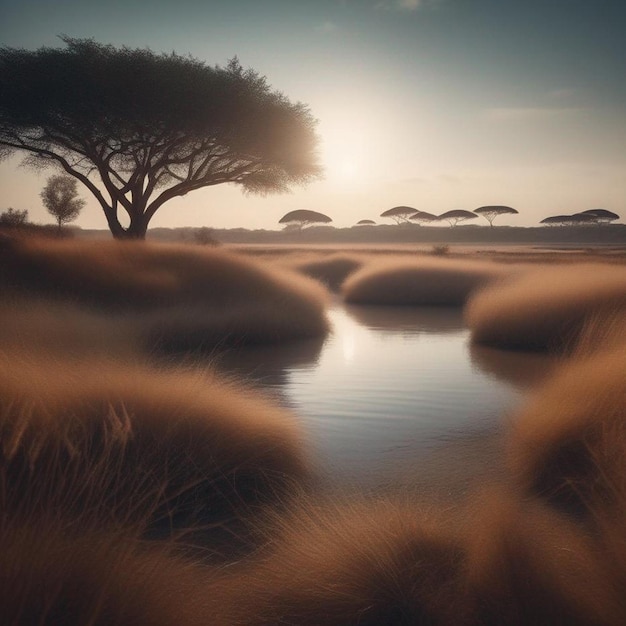 Foto bela paisagem futurista em hd com árvores de savana e mar