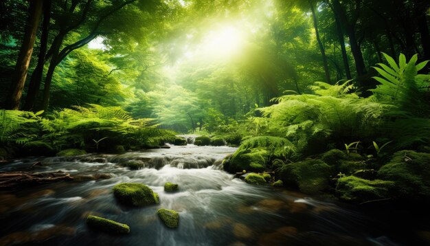Bela paisagem idílica com IA generativa de florestas e rios