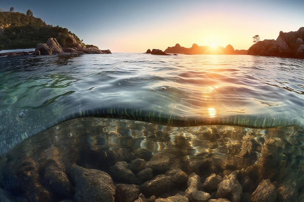 Bela paisagem marítima ao pôr do sol Seascape com pedras e mar