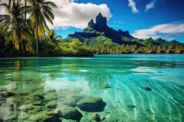 Bela paisagem marítima com montanha e água turquesa Uma lagoa pacífica e tranquila em Bora Bora Polinésia Francesa AI Gerada