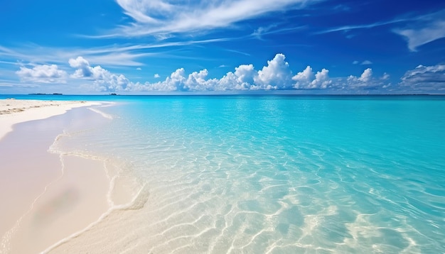 Foto bela paisagem marítima com praia de areia com poucas palmeiras e lagoa azul