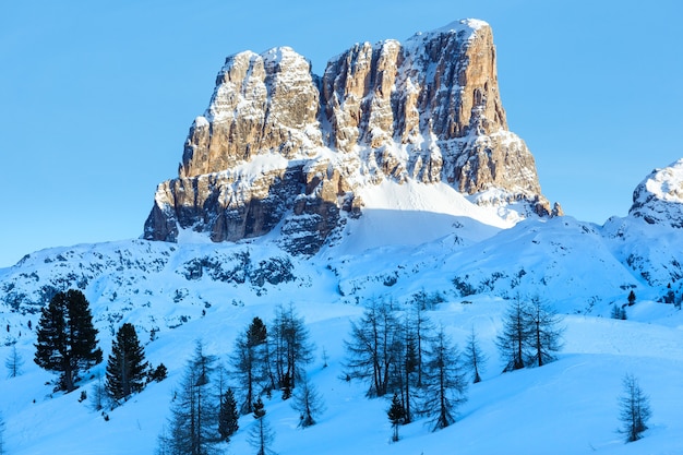 Bela paisagem montanhosa de inverno com pinheiro na encosta do Passo Falzarego