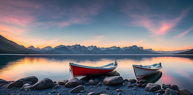 Bela paisagem montanhosa em um lago com um barco