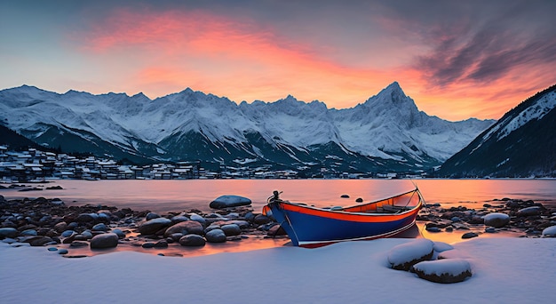 Bela paisagem montanhosa em um lago com um barco