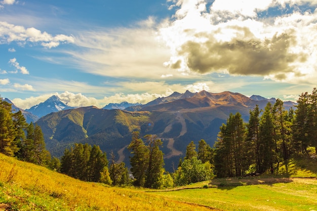 Bela paisagem montanhosa, floresta e nuvens