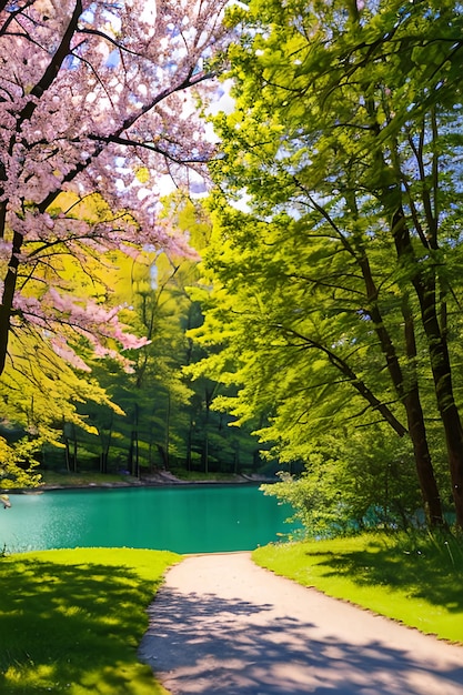 Bela paisagem natural colorida de primavera de verão com um lago no parque cercado de folhagem verde