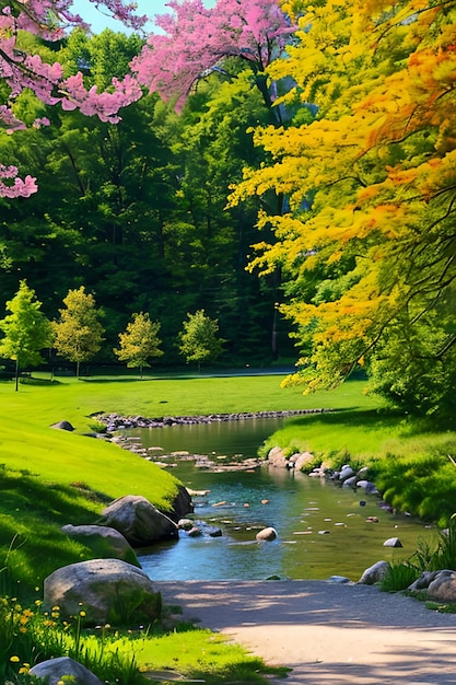 Bela paisagem natural colorida de primavera de verão com um lago no parque cercado de folhagem verde