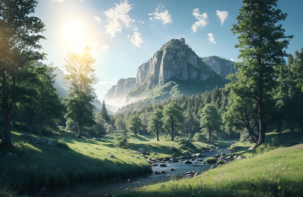 Bela paisagem natural com montanhas verdes céu azul árvores luz solar água e flores