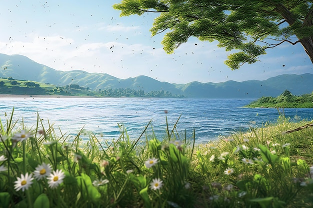 Foto bela paisagem natural com vista para o lago e prados verdes e montanhas
