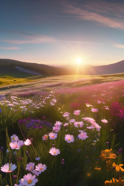 Bela paisagem natural de primavera e verão de um prado florescente em uma área montanhosa em um sol brilhante
