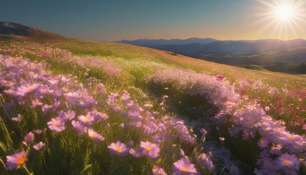 Bela paisagem natural de primavera e verão de um prado florescente em uma área montanhosa em um sol brilhante