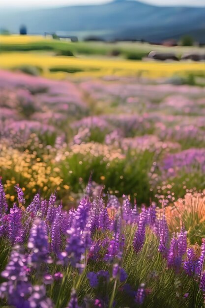 Bela paisagem natural de primavera e verão de um prado florescente em uma área montanhosa em um sol brilhante