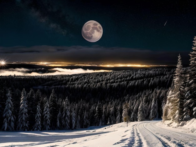 Bela paisagem nocturna nublada durante a neve com ilustração de fundo de lua cheia