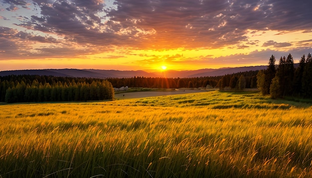 Bela paisagem panorâmica natural colorida ao pôr-do-sol Campo com grama selvagem à noite em raios
