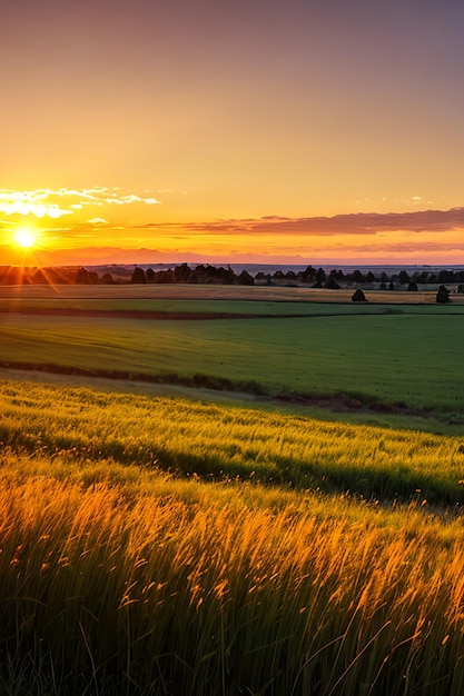 Bela paisagem panorâmica natural colorida ao pôr-do-sol Campo com grama selvagem à noite em raios