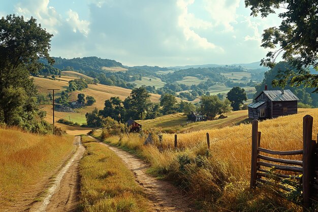 Foto bela paisagem rural com antigas cabanas e celeiros