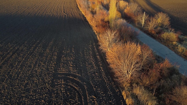 Bela paisagem vista velha estrada de asfalto com árvores e sombras entre grandes arados agrícolas