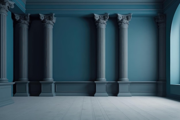 Bela parede vazia cinza-azul com colunas com iluminação lateral gerada por IA