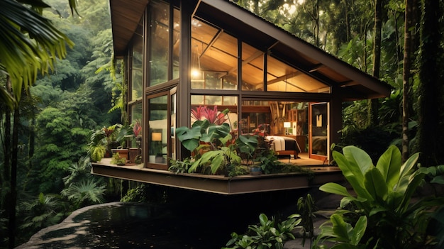 Bela pequena casa ecológica com grandes janelas