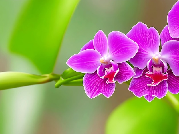 Bela pequena orquídea roxa com folhas verdes