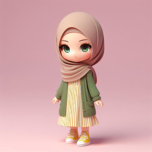 Bela personagem chibi feminina em 3D em hijab vestindo um vestido com um cardigan verde e faixa amarela