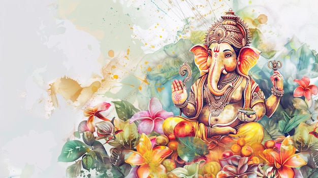 Bela pintura digital do senhor Ganesha cercado por frutas e flores de jardim exóticos em um branco