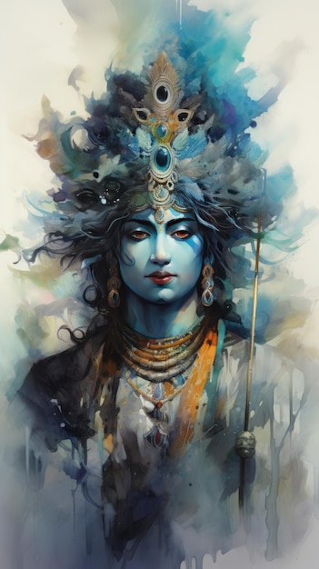 Bela pintura em aquarela 2d do senhor Krishna para o fundo de Krishna Janmashtami