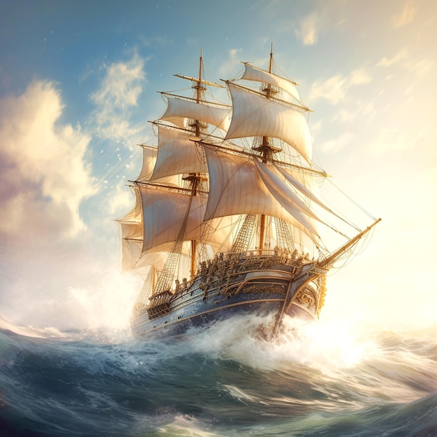 Bela pintura hiper-realista de um navio vintage dourado claro navegando em mar agitado