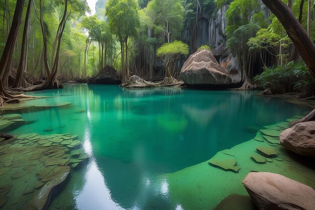 Bela piscina de esmeralda na floresta profunda em Krabi, na Tailândia.