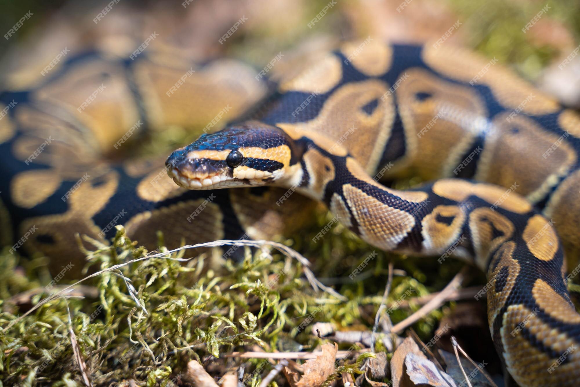 Bela píton real na grama. a cobra levantou a cabeça e se prepara