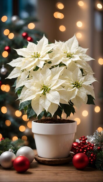 Bela poinsétia branca em vaso de flores com presentes de Natal e bolas em fundo brilhante