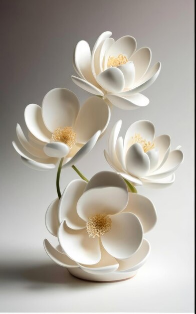 Bela porcelana branca na forma de três flores usando uma paleta de cores brancas brancas brilhantes