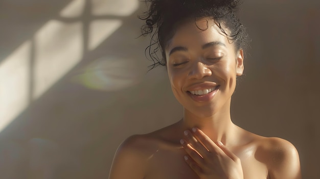 Foto bela, positiva, de aparência amigável, jovem, mulher de raça mista, com um sorriso encantador e sincero.