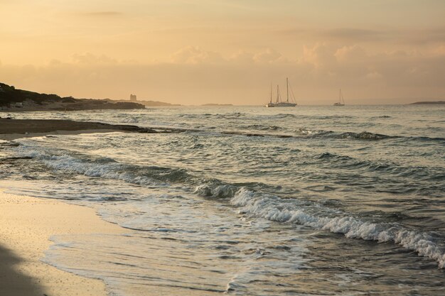 Bela praia com águas muito limpas e azuis no mar Mediterrâneo na ilha de Ibiza