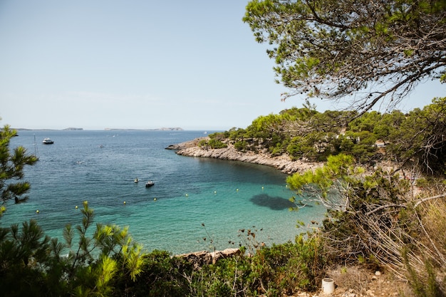 Bela praia com águas muito limpas e azuis no mar Mediterrâneo na ilha de Ibiza