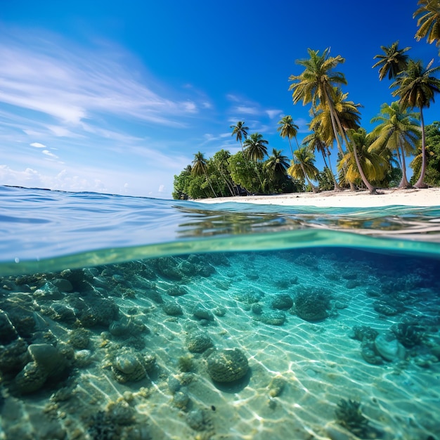 Bela praia com palmeiras e mar azul-turquesa na ilha da Jamaica