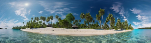 Bela praia com palmeiras e mar turquesa Arte Férias de verão oceano com ilha no fundo IA generativa