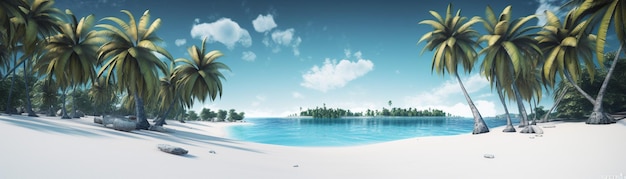Bela praia com palmeiras e mar turquesa Arte Férias de verão oceano com ilha no fundo IA generativa